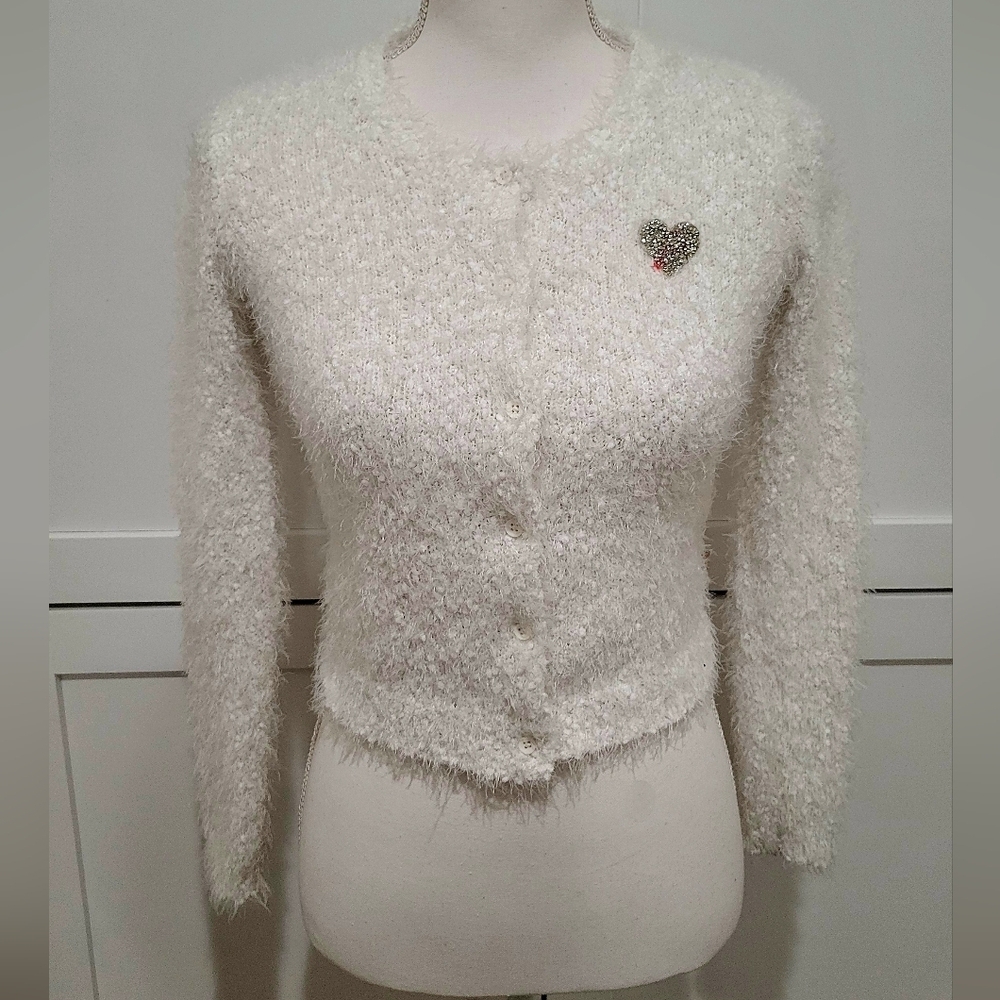 Billieblush White Fuzzy Knit Cardigan Sweater with Sequin Heart | Size 10